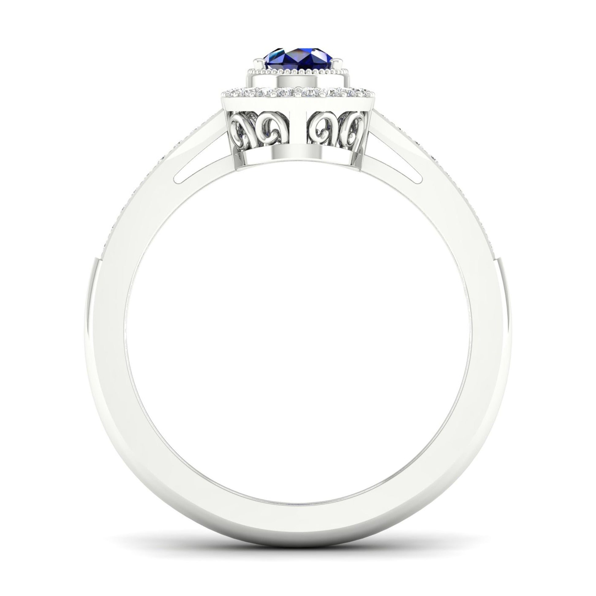 Blue Pear-Shaped Sapphire and 1/8 ct. tw. Diamond Halo Ring with Milgrain and Filigree Design in 10K White Gold side profile