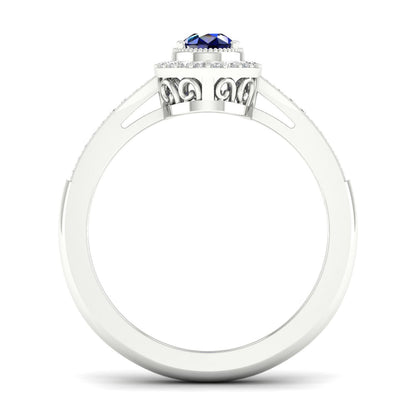 Blue Pear-Shaped Sapphire and 1/8 ct. tw. Diamond Halo Ring with Milgrain and Filigree Design in 10K White Gold side profile