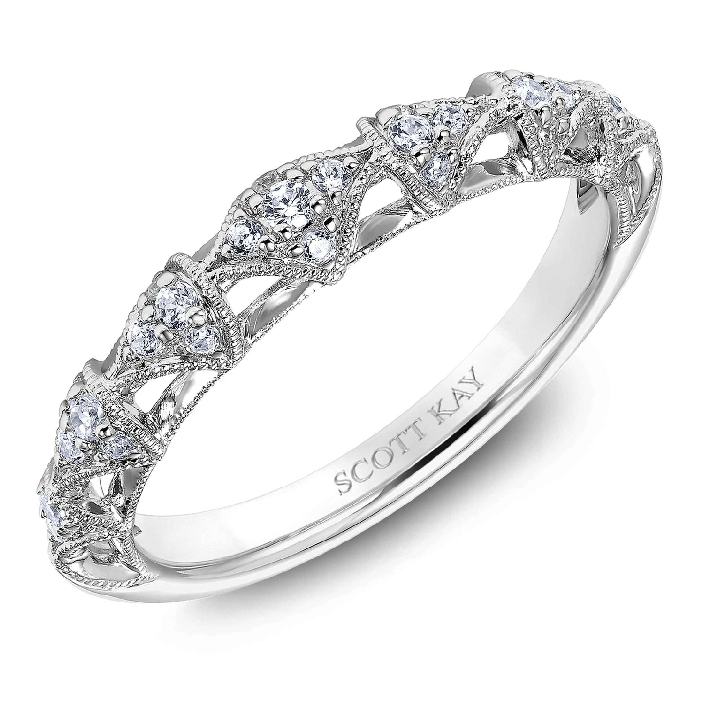 Scott Kay Heaven's Gate 1/5 ct. tw. Diamond Cluster Wedding Band with Milgrain Border Design in 14K White Gold