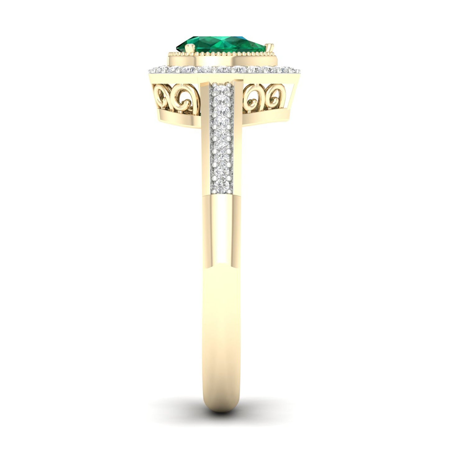 Green Pear-Shaped Emerald and 1/8 ct. tw. Diamond Halo Ring with Milgrain and Filigree Design in 10K Yellow Gold side profile