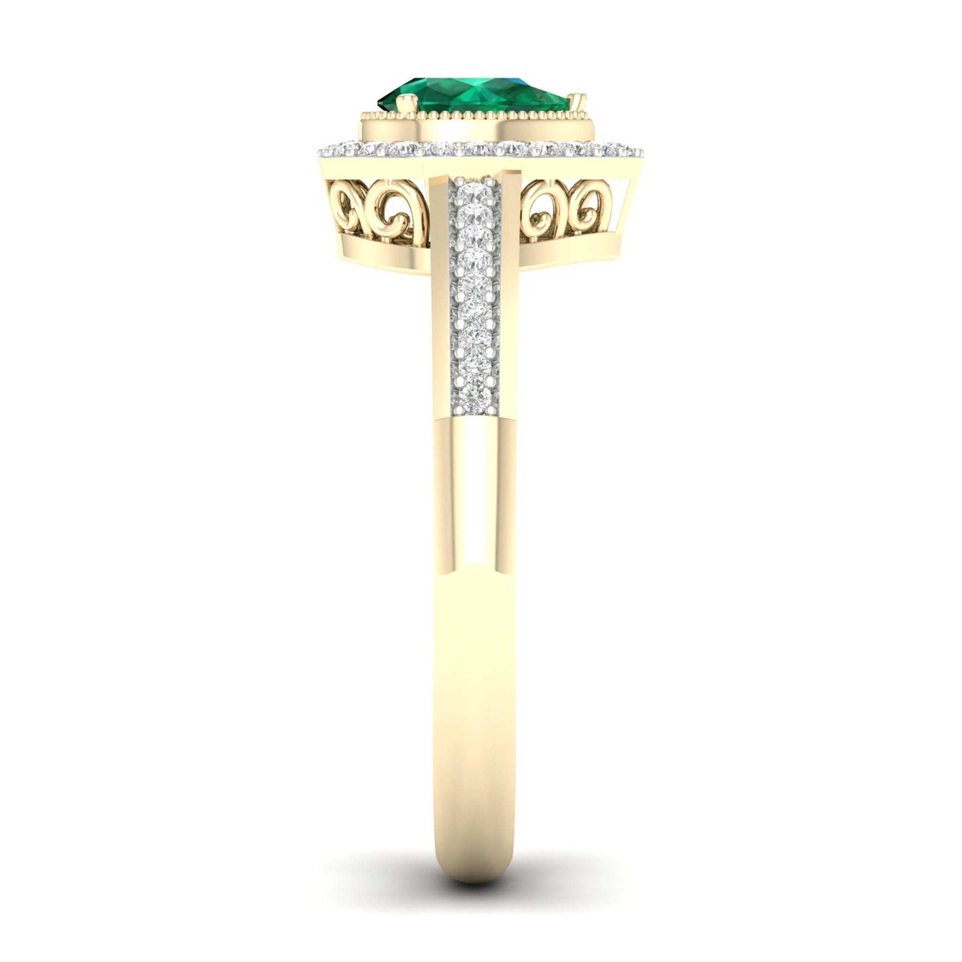 Green Pear-Shaped Emerald and 1/8 ct. tw. Diamond Halo Ring with Milgrain and Filigree Design in 10K Yellow Gold side profile
