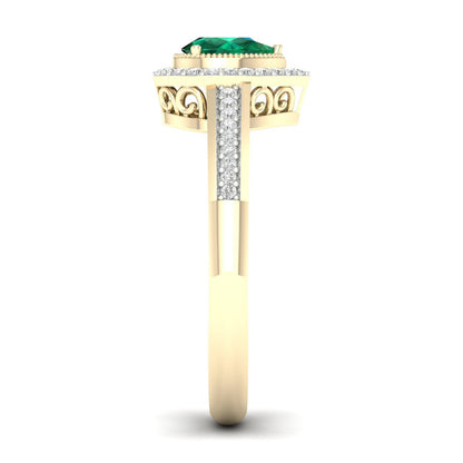 Green Pear-Shaped Emerald and 1/8 ct. tw. Diamond Halo Ring with Milgrain and Filigree Design in 10K Yellow Gold side profile