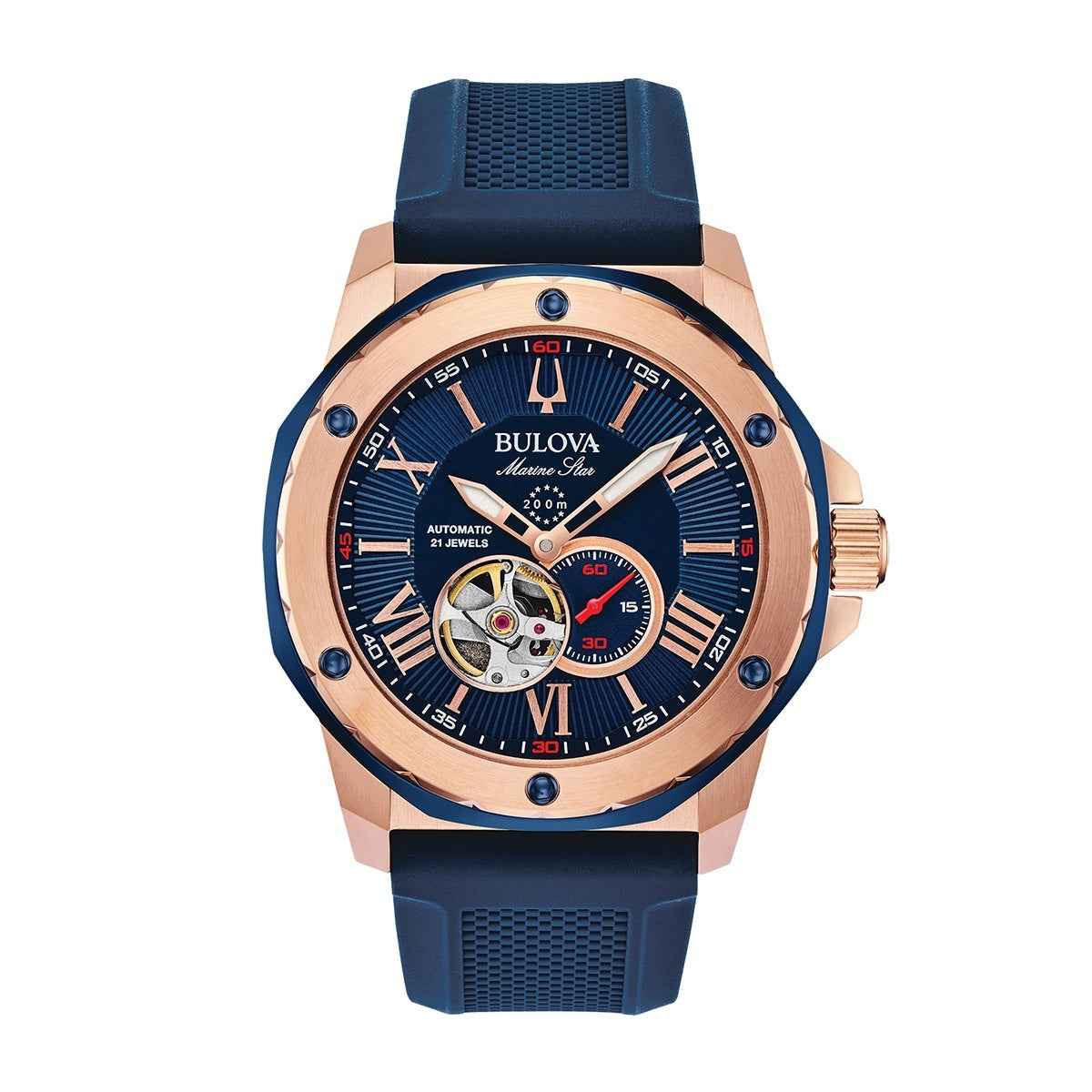 Bulova Men's Marine Star Automatic Pink Gold-Tone Stainless Steel Watch with Blue Dial