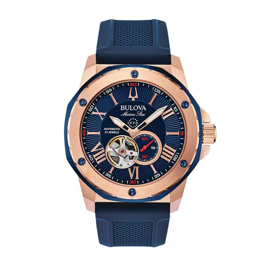 Bulova Men's Marine Star Automatic Pink Gold-Tone Stainless Steel Watch with Blue Dial
