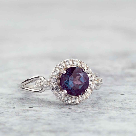 Created Round Alexandrite & White Sapphire Halo Ring in Sterling Silver close-up detail