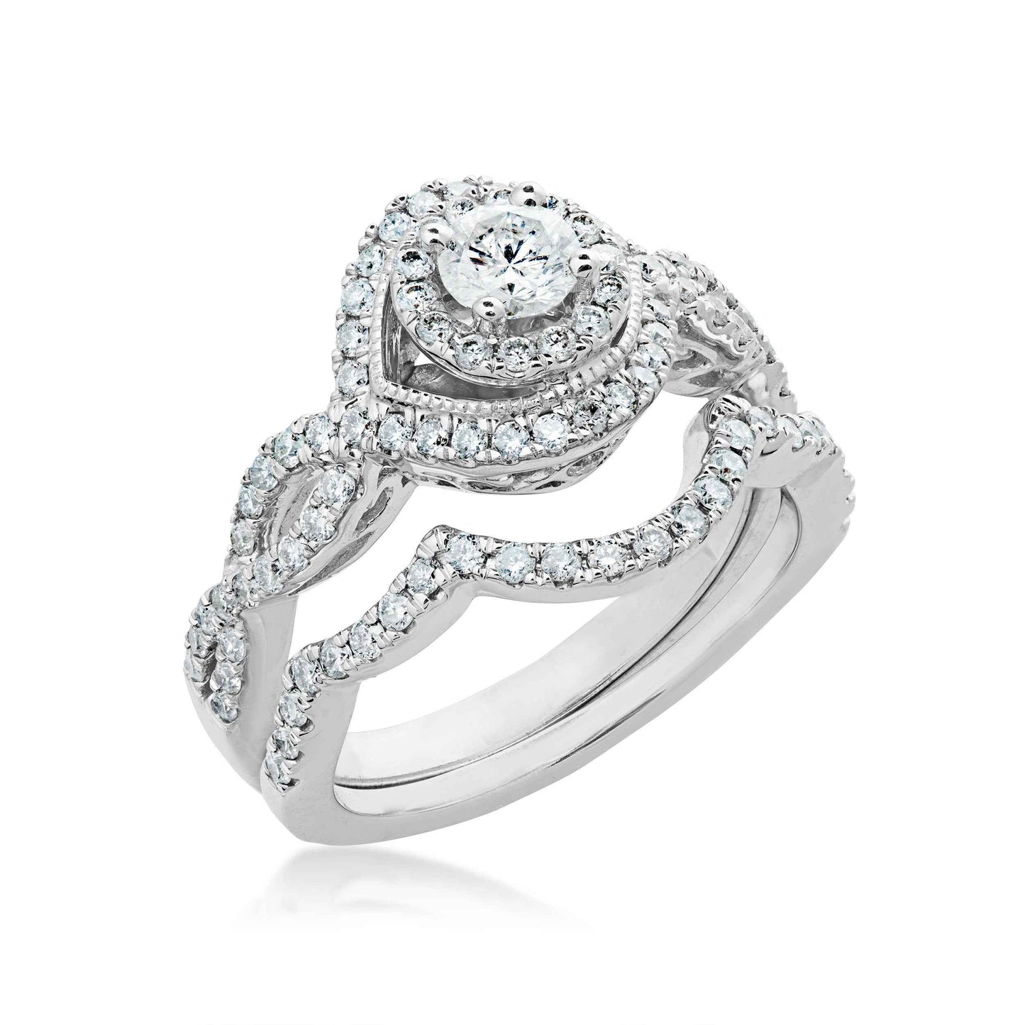 Amaura Collection 1/3 ct. Round Brilliant Center Stone and 5/8 ct. Diamond Halo Wedding Set in 14K White Gold front view