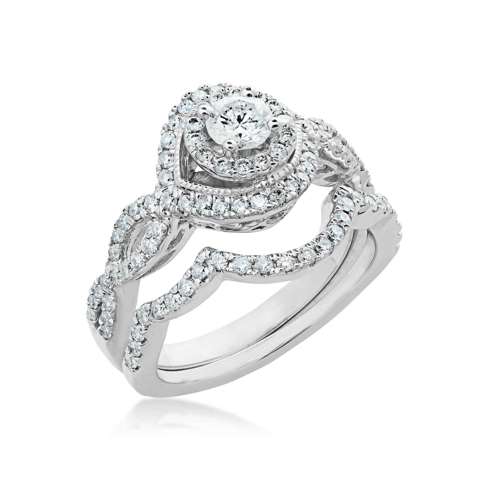 Amaura Collection 1/3 ct. Round Brilliant Center Stone and 5/8 ct. Diamond Halo Wedding Set in 14K White Gold front view