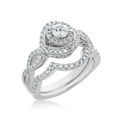 Amaura Collection 1/3 ct. Round Brilliant Center Stone and 5/8 ct. Diamond Halo Wedding Set in 14K White Gold front view