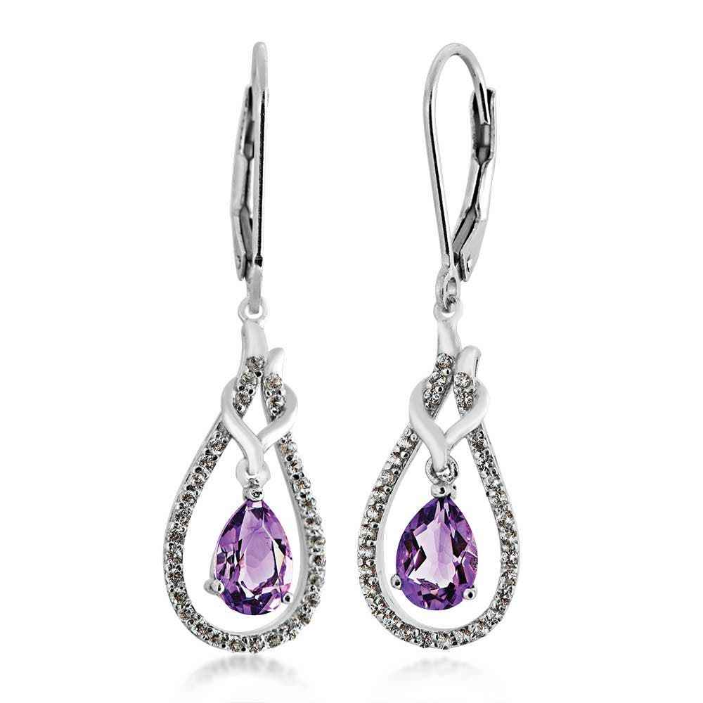 Genuine Pear Shaped Amethyst & Created White Sapphire Dangle Earrings in Sterling Silver
