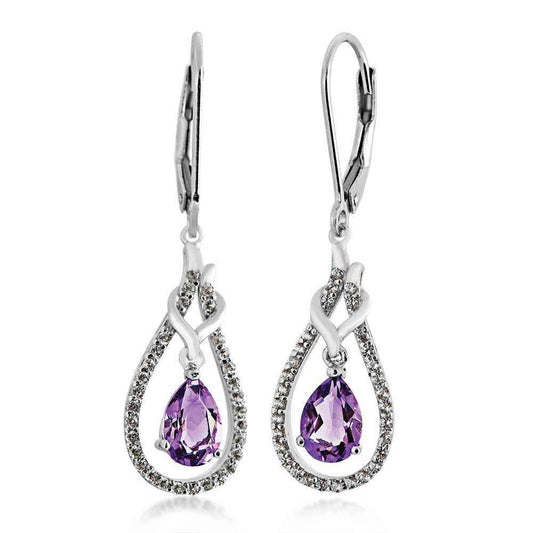Genuine Pear Shaped Amethyst & Created White Sapphire Dangle Earrings in Sterling Silver
