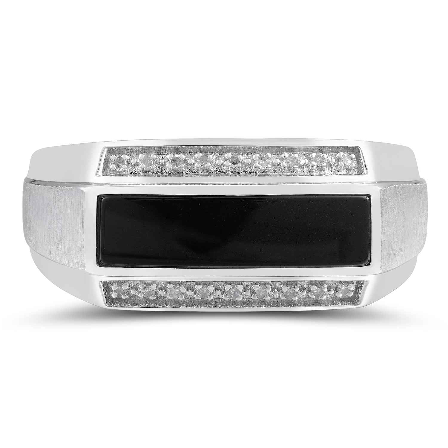 Men's Genuine Black Onyx Ring with .06 ct. tw. Prrong Set Diamonds with Brushed Center Accent in Sterling Silver