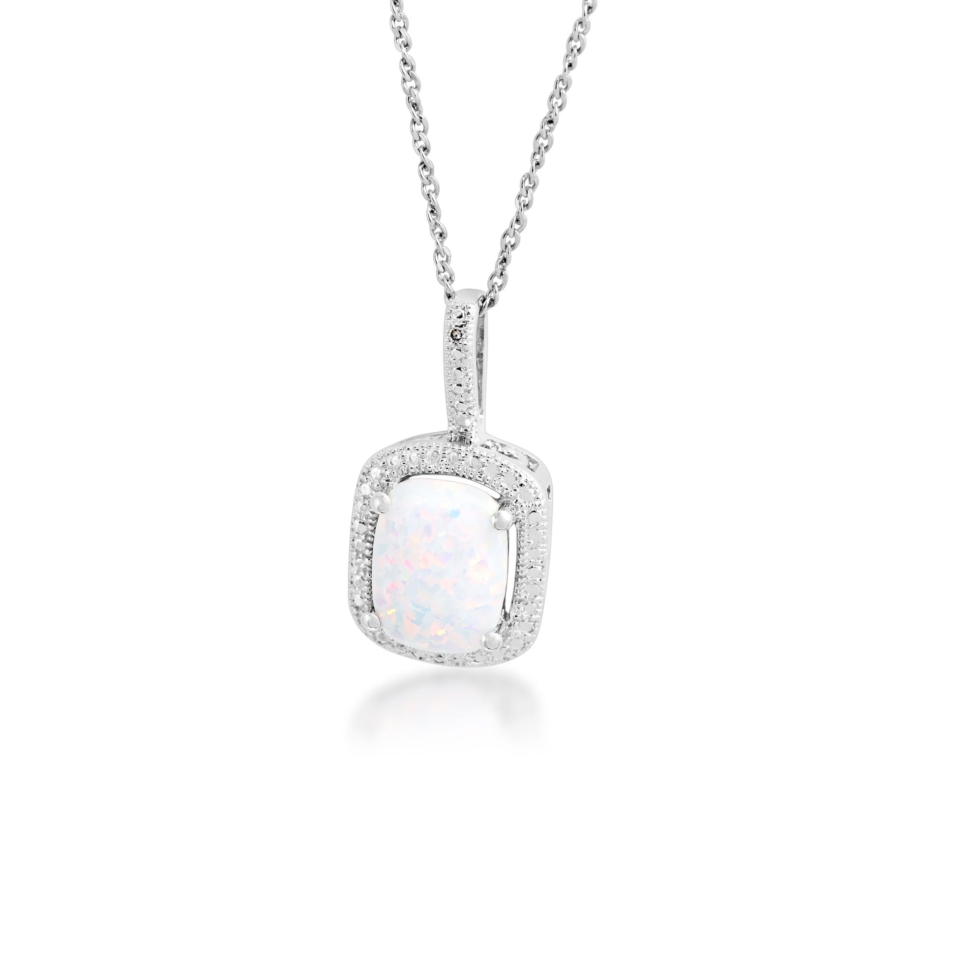 Created Cushion Opal Dangle Pendant with Diamond Halo in Sterling Silver