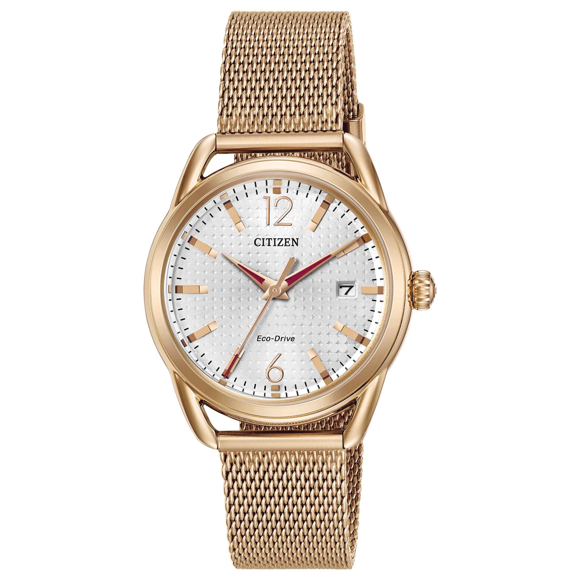 Citizen The Drive Collection Ladies' Silver-Tone Dial Watch with Rose Gold-Tone Stainless Steel Case & Milanses Mesh Band