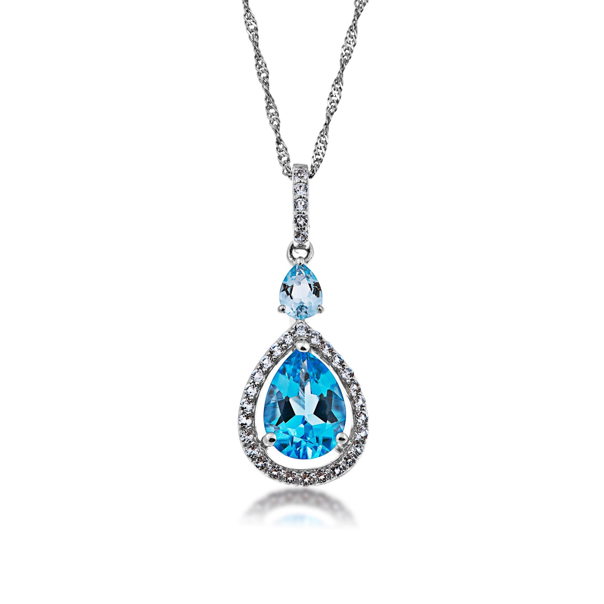 Genuine Pear Shape Swiss Blue & Sky Blue Topaz Pendant with 1/8 ct. tw. Diamond Halo in 10K White Gold