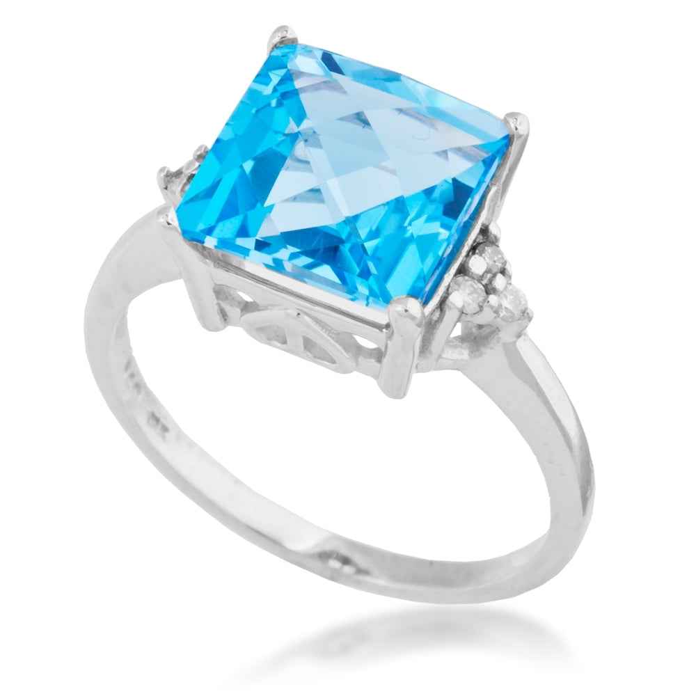Square Swiss Blue Topaz and Diamond Accent Ring in 10K White Gold