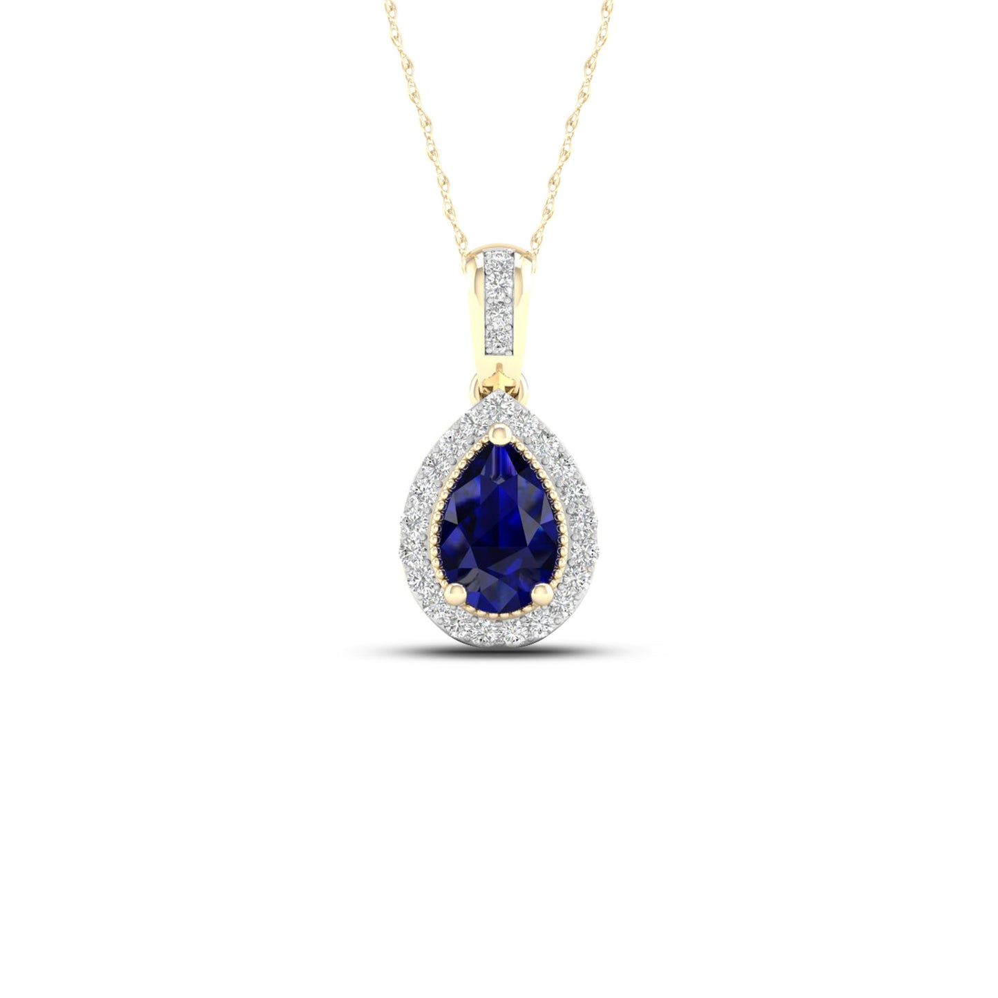 Pear Sapphire and Diamond Accent Halo Pendant with Milgrain and Filigree Detailing in 10K Yellow Gold