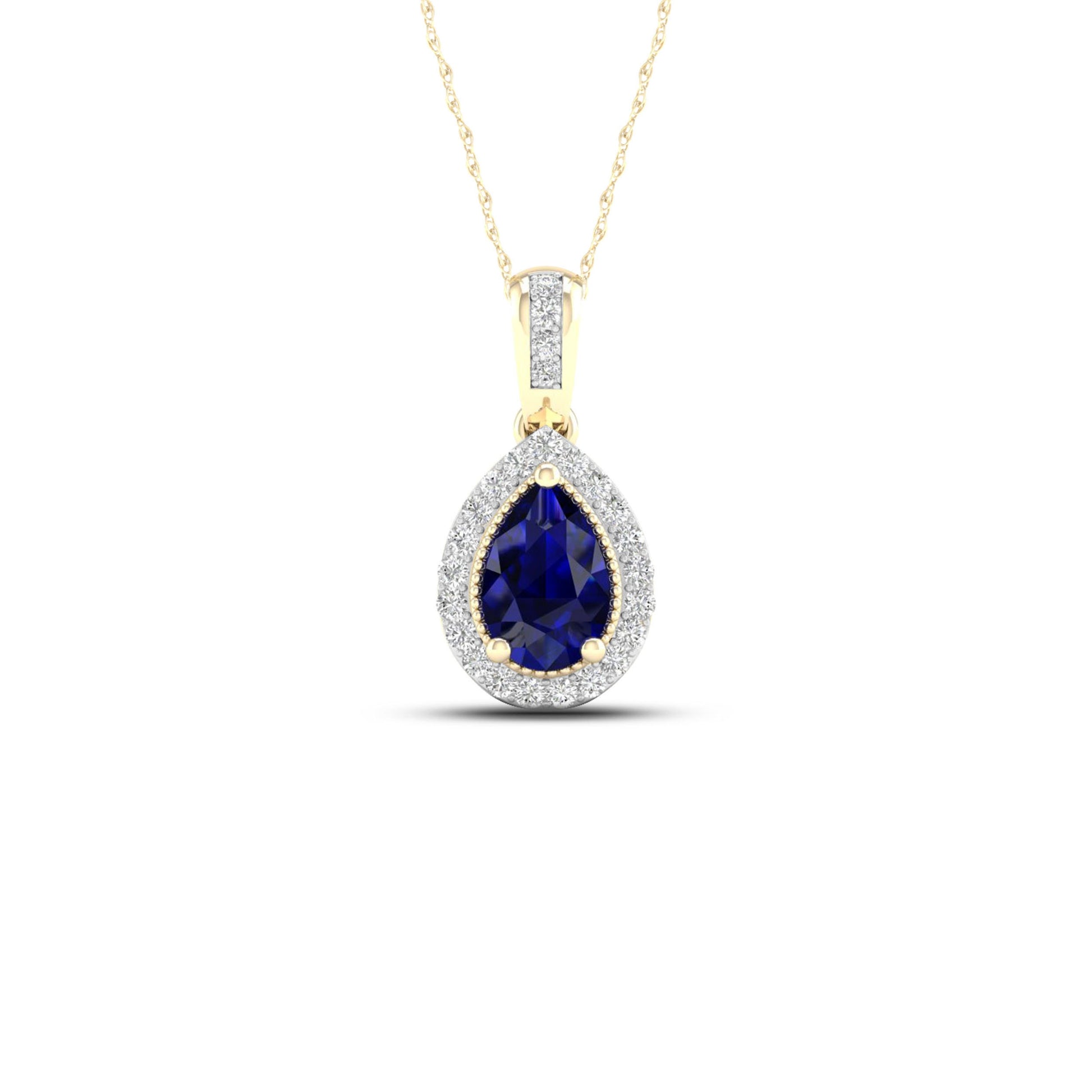 Pear Sapphire and Diamond Accent Halo Pendant with Milgrain and Filigree Detailing in 10K Yellow Gold