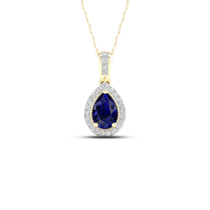 Pear Sapphire and Diamond Accent Halo Pendant with Milgrain and Filigree Detailing in 10K Yellow Gold