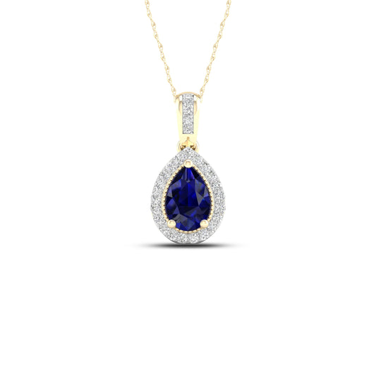 Pear Sapphire and Diamond Accent Halo Pendant with Milgrain and Filigree Detailing in 10K Yellow Gold