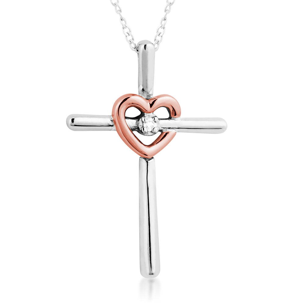 Round Brilliant Diamond Accent Cross & Heart Pendant in 10K Pink Gold & Sterling Silver