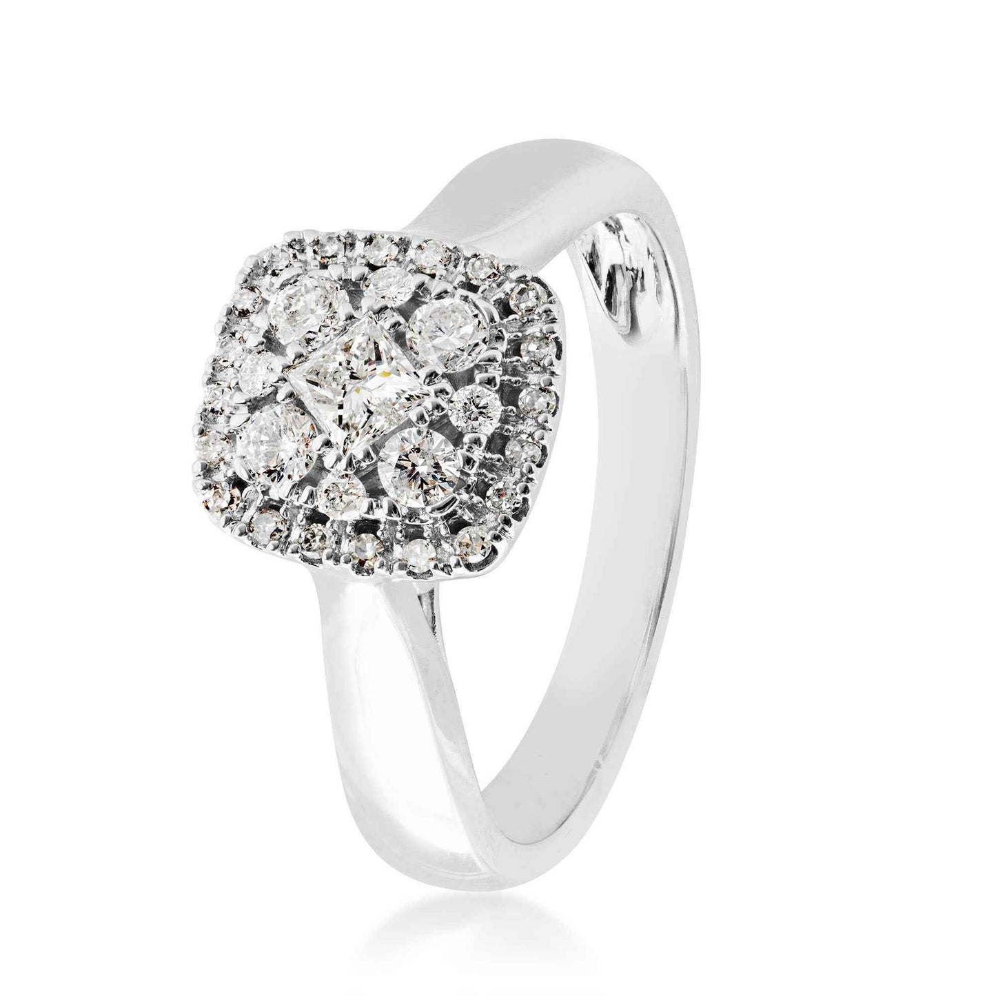 1/2 ct. tw. Princess Cut Cluster with Halo Design Diamond Engagement Ring in 14K White Gold front view