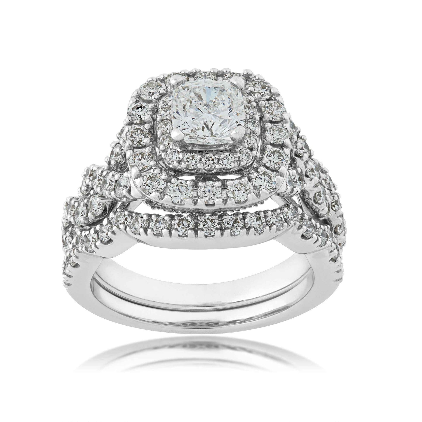 Natural 2-1/2 ct. tw. Cushion Diamond Double Halo Twist Wedding Set in 14K White Gold