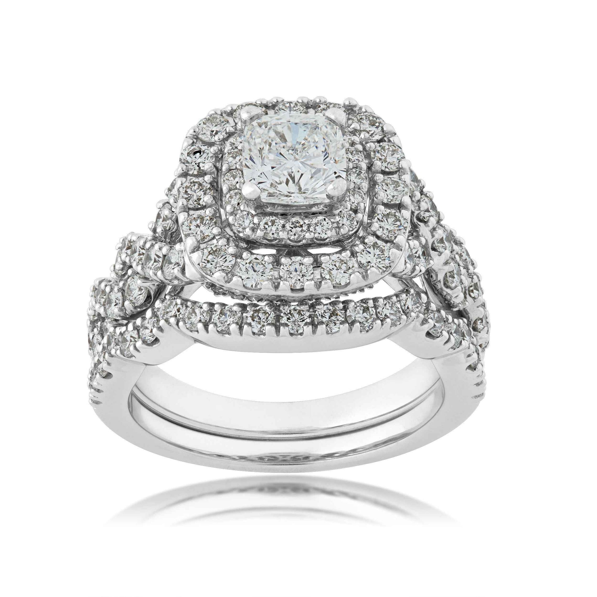 Natural 2-1/2 ct. tw. Cushion Diamond Double Halo Twist Wedding Set in 14K White Gold