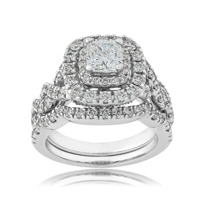 Natural 2-1/2 ct. tw. Cushion Diamond Double Halo Twist Wedding Set in 14K White Gold