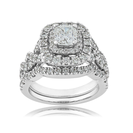 Natural 2-1/2 ct. tw. Cushion Diamond Double Halo Twist Wedding Set in 14K White Gold