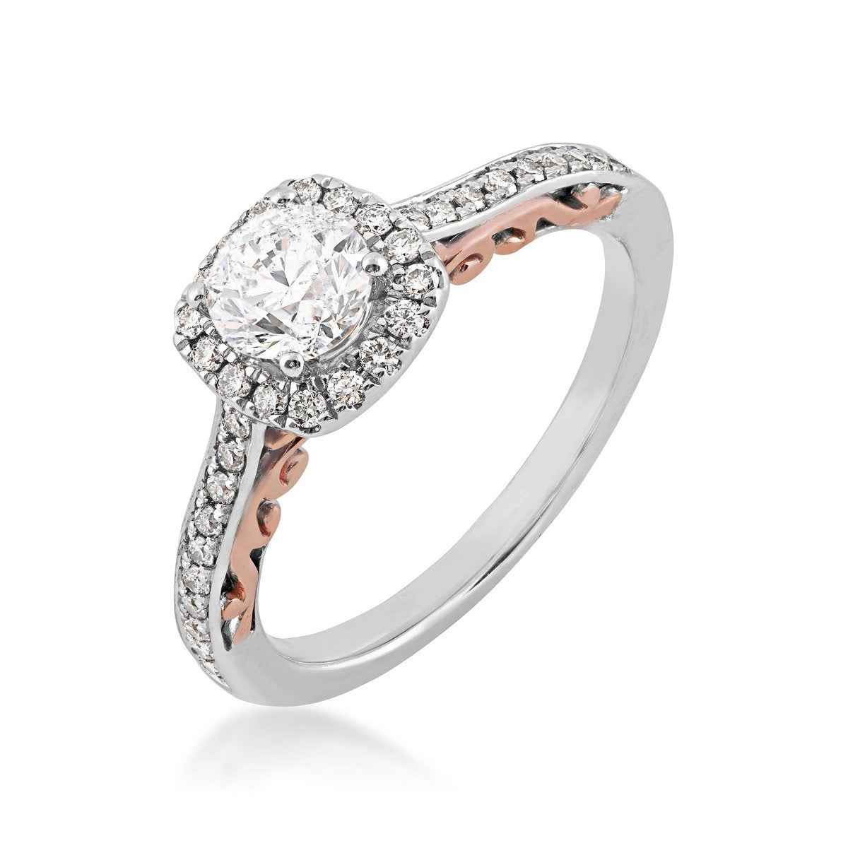 Natural 1 ct. tw. Round Brilliant Diamond Halo Filigree Engagement Ring in 14K White & Pink Gold front view