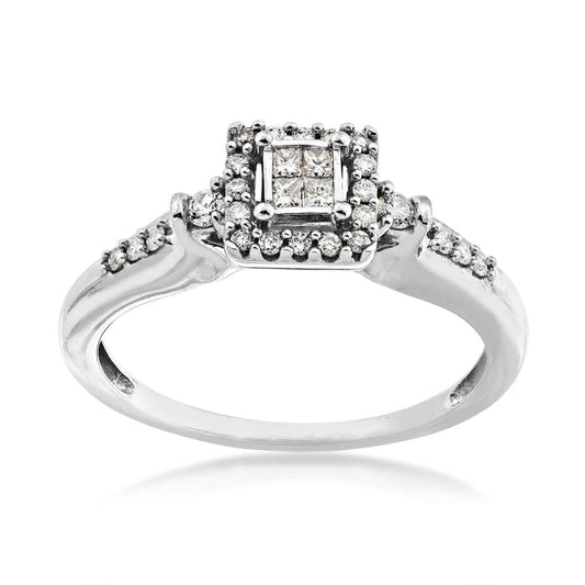 I Promise 1/5 ct. tw. Princess Cut Quad Diamond Promise Ring with Round Diamond Prong Set Halo in 10K White Gold front view