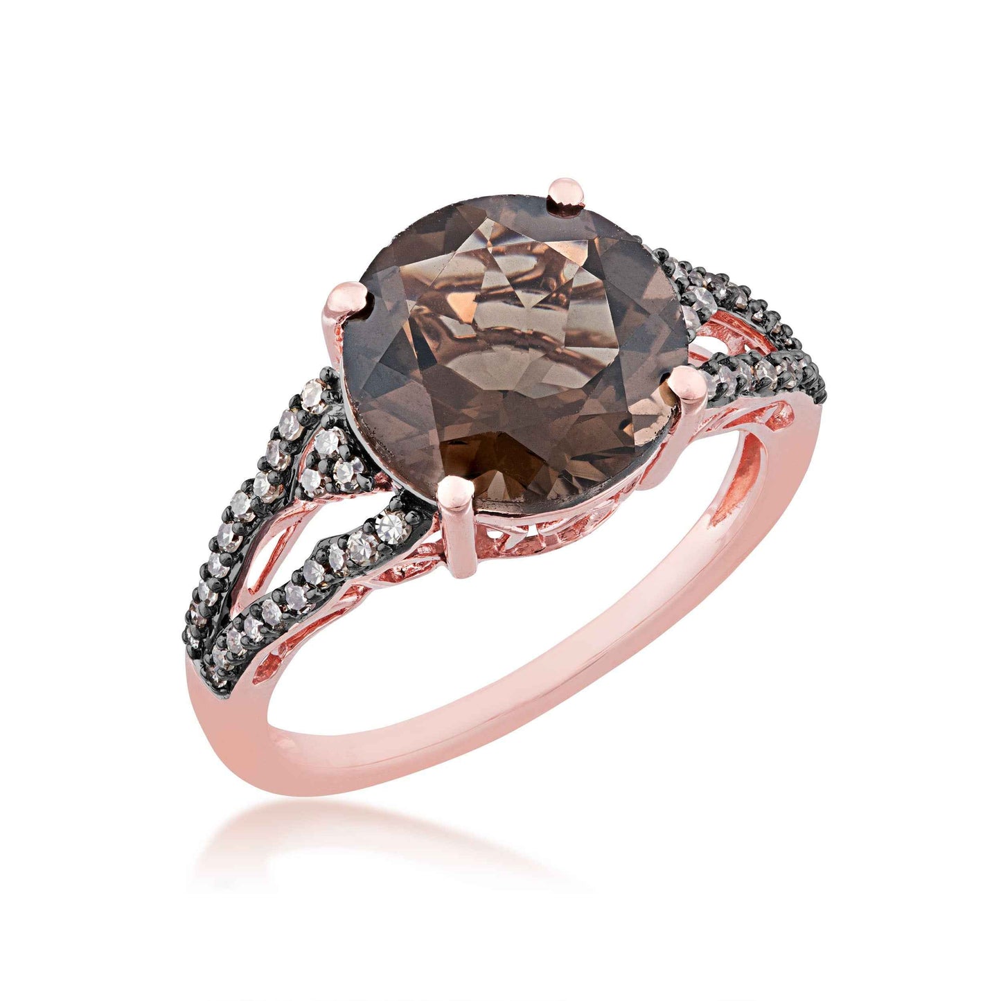 Impulse Collection Genuine Round Smokey Quartz Ring with 1/5 ct. tw. Round Mocha Diamond Split Shank Band in 10K front view