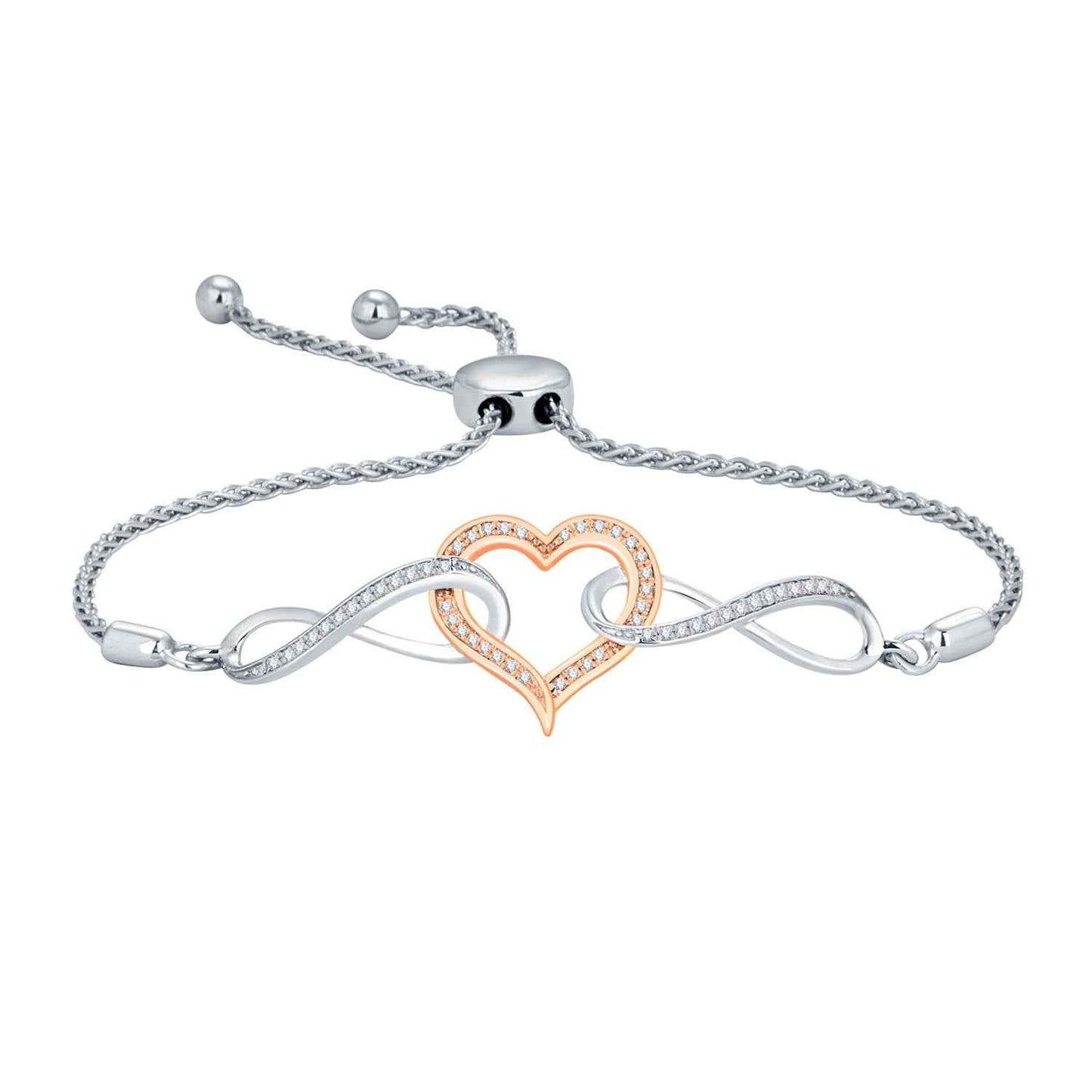 1/6 ct. tw. Diamond Heart Bolo Bracelet with Infinity Accents in Two-Tone Sterling Silver