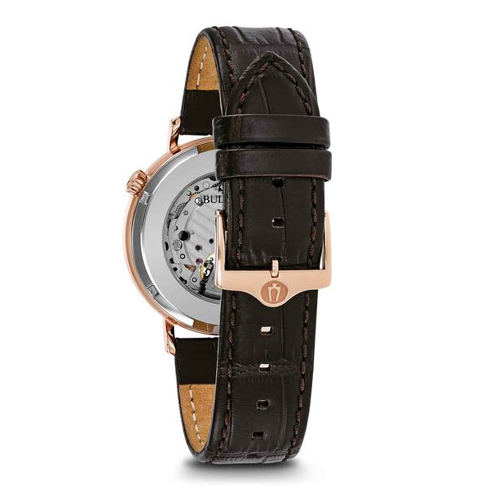Bulova Men's Classic Automatic Collection Watch with Open Aperture Accent with White Dial and Crocodile close-up detail
