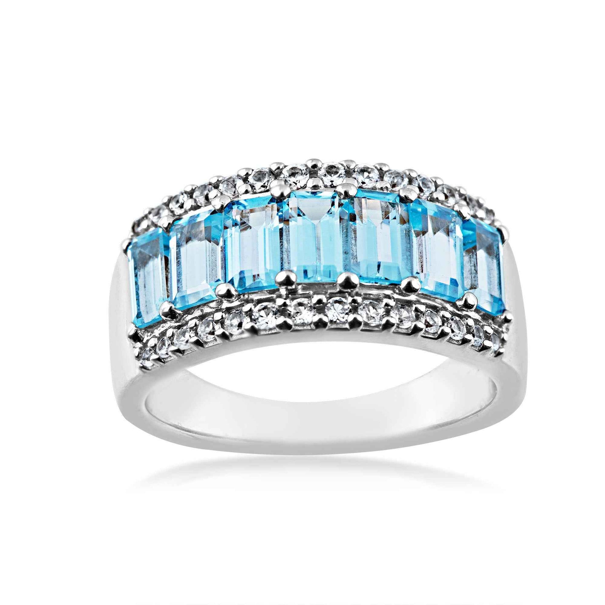 Genuine Emerald Cut Blue Topaz Fashion Ring with White Sapphire Accents in Sterling Silver