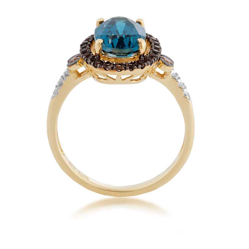 Oval London Blue Topaz & Smokey Quartz Halo & Diamond Accent Ring in 10K Yellow Gold close-up detail