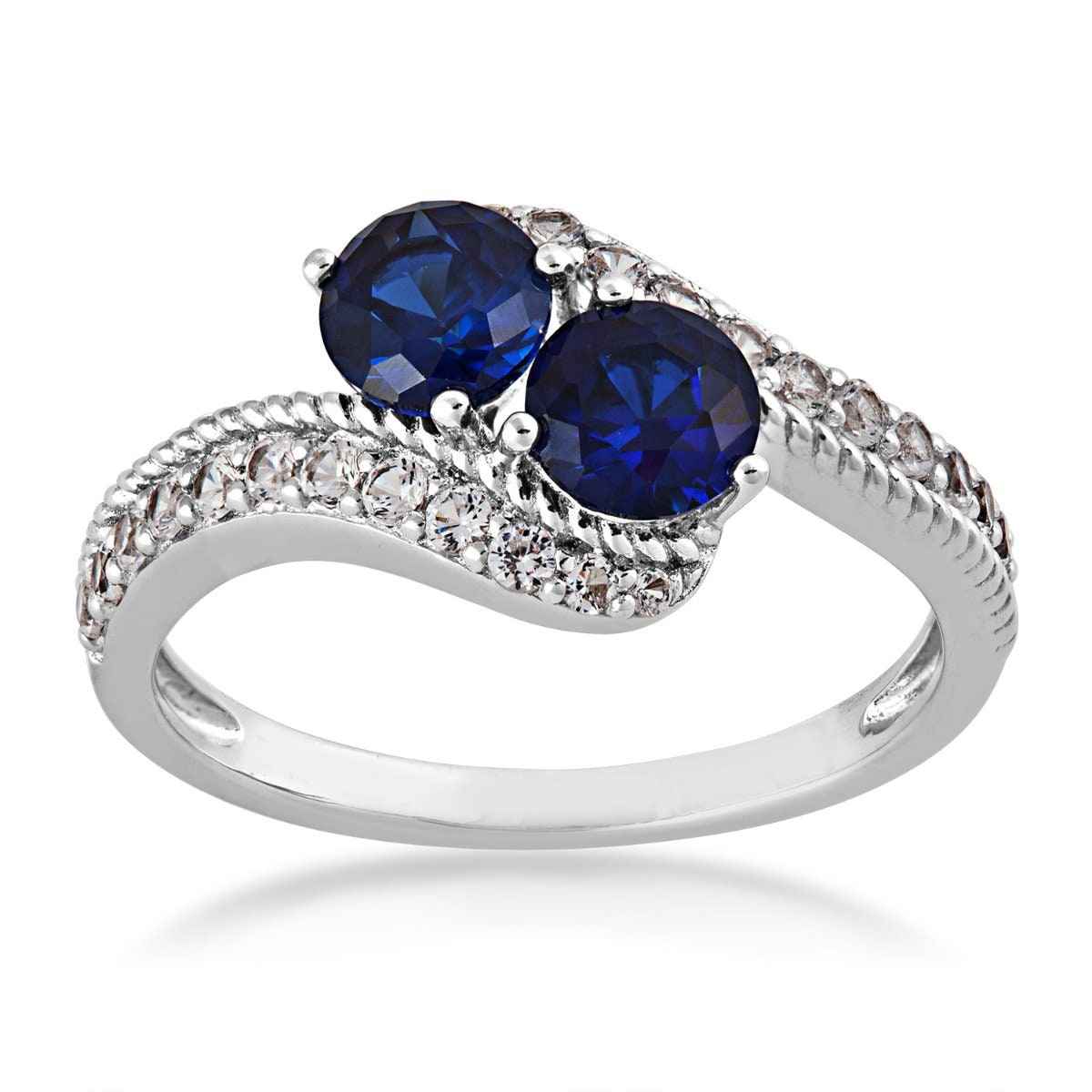 Created Round Blue & White Sapphire 2 Stone Ring with Rope Detailing in Band in Sterling Silver