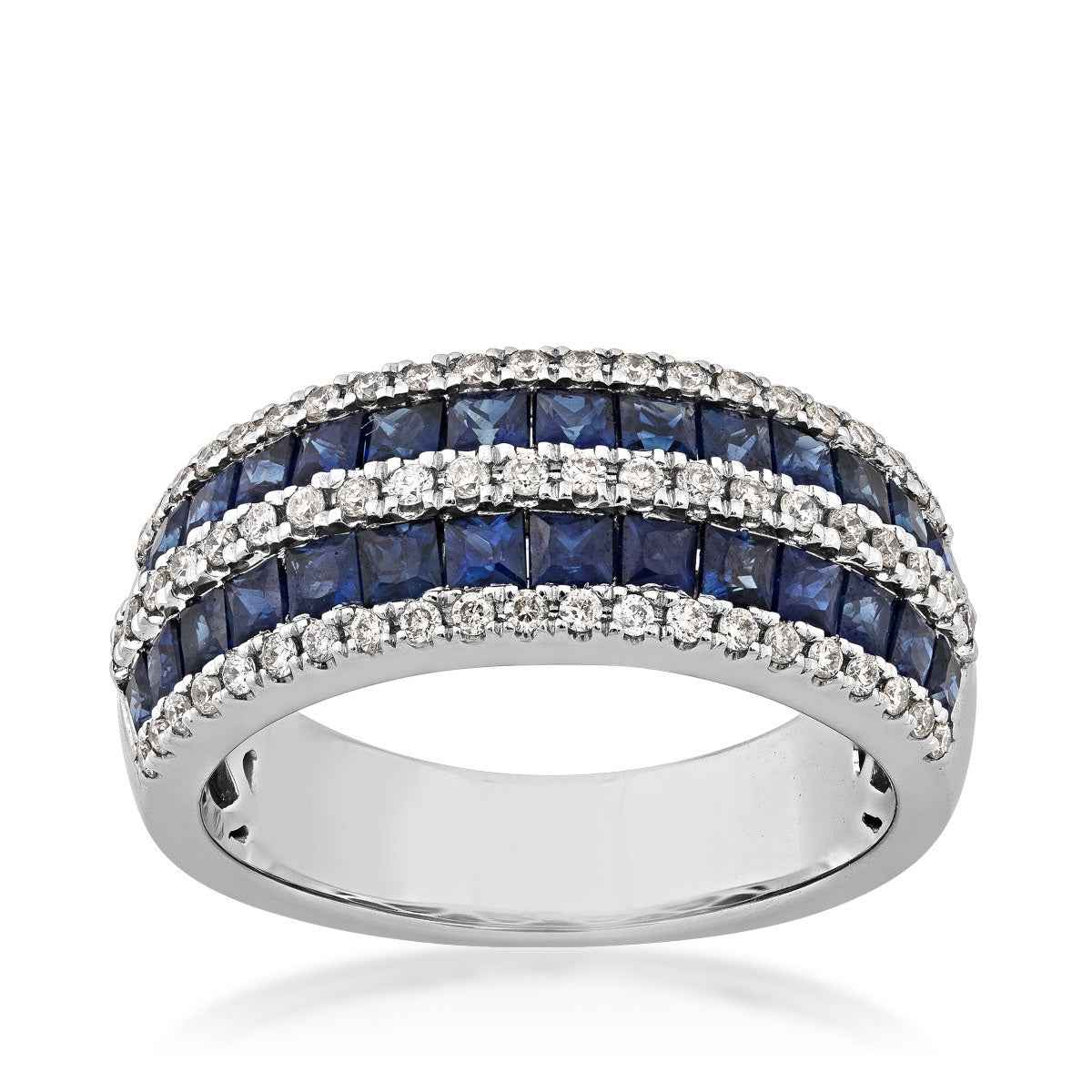 Princess Cut Sapphire and 1/3 ct. tw. Triple Row Diamond Fashion Band in 10K White Gold