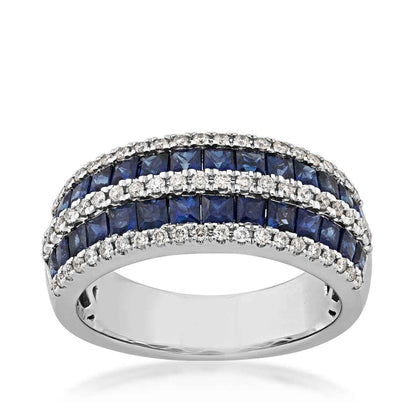 Princess Cut Sapphire and 1/3 ct. tw. Triple Row Diamond Fashion Band in 10K White Gold