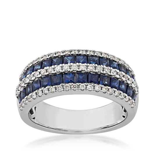 Princess Cut Sapphire and 1/3 ct. tw. Triple Row Diamond Fashion Band in 10K White Gold