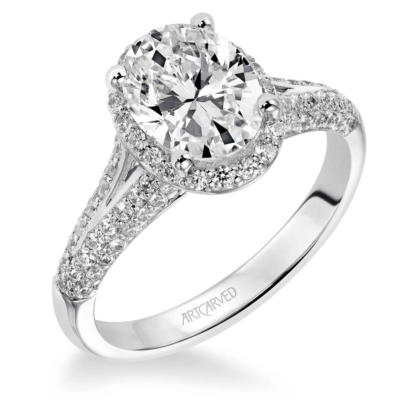 ArtCarved Contemporary 5/8 ct. tw. Oval Diamond Halo Semi-Mount Engagement Ring with Split Shank in 14K White front view
