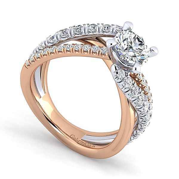Gabriel & Co. .79 ct. Diamond Semi-Mount Engagement Ring with Double Split Shank Band in 14K White and Pink Gold front view