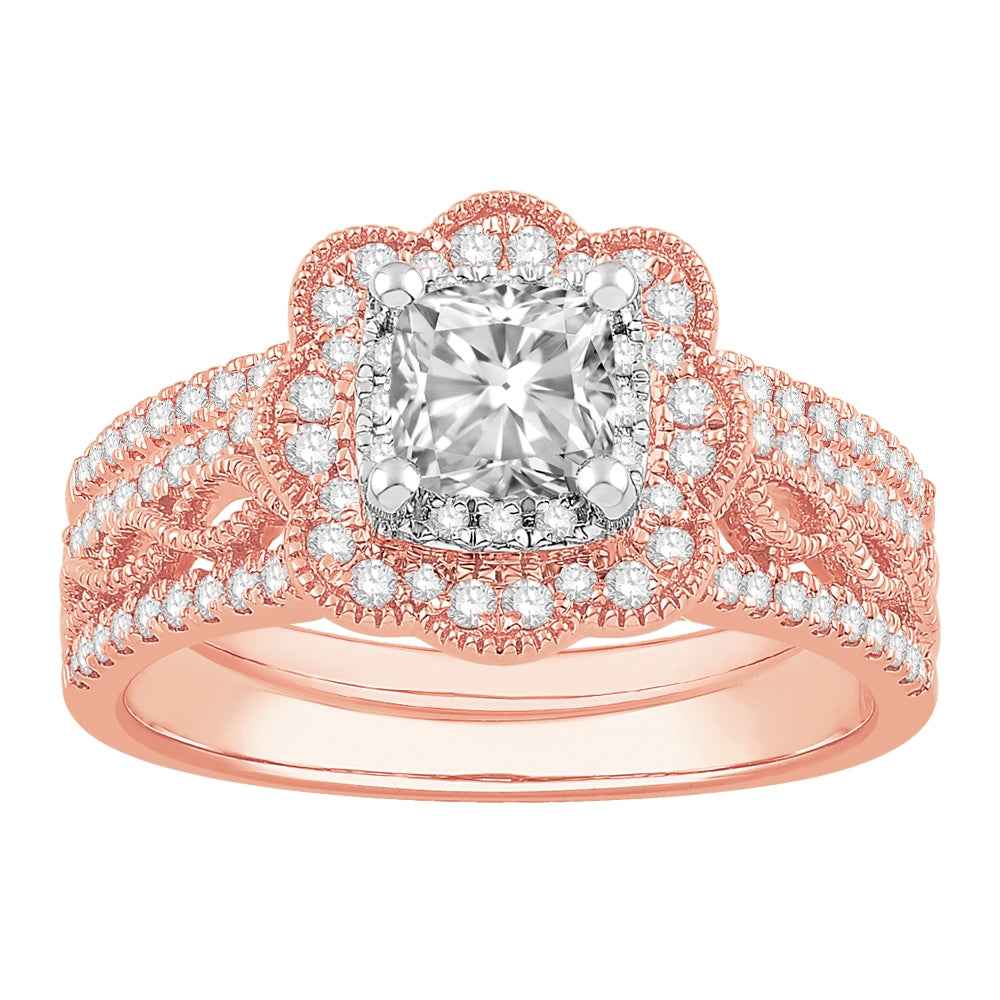 Natural 1-1/4 ct. tw. Cushion Diamond Scalloped Halo Wedding Set in 14K Pink Gold