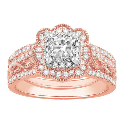 Natural 1-1/4 ct. tw. Cushion Diamond Scalloped Halo Wedding Set in 14K Pink Gold