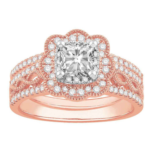 Natural 1-1/4 ct. tw. Cushion Diamond Scalloped Halo Wedding Set in 14K Pink Gold
