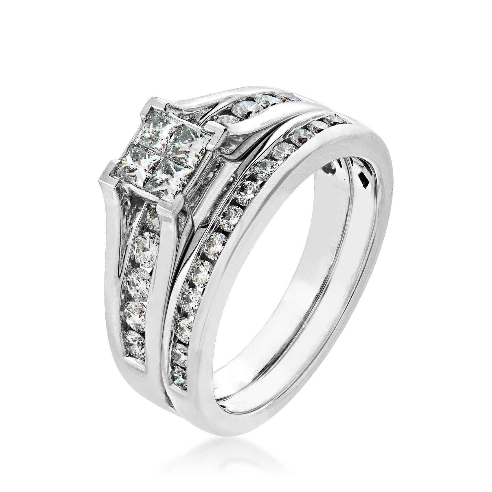 Fairytale Diamonds 1 ct. tw Quad Diamond Wedding Set with Open Channel-Set Diamond Band in 10K White Gold - 10W front view