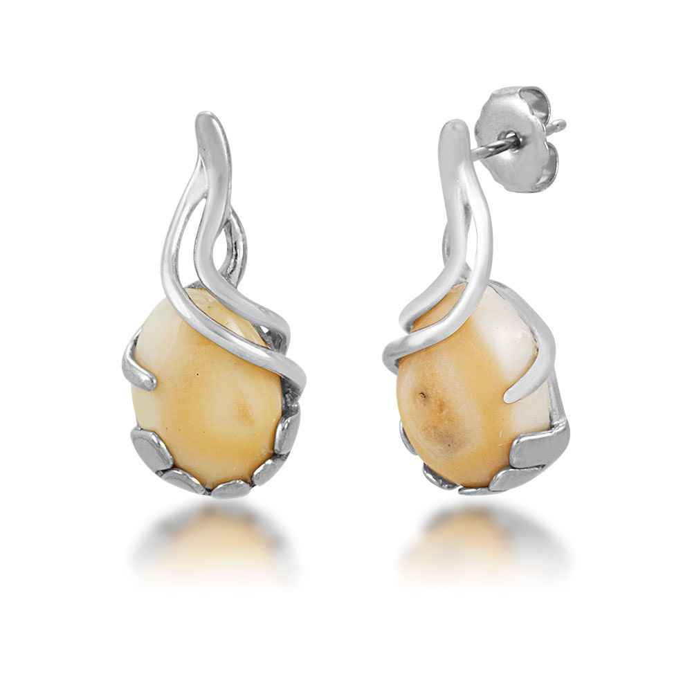 Ladies' Elk Ivory Cabochon Cut Dangle Earrings with Spiral Setting in Sterling Silver