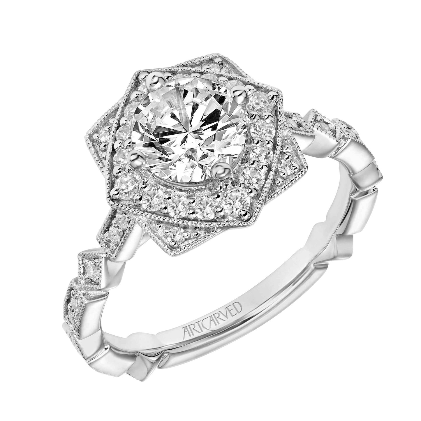 ArtCarved Vintage 1/3 ct. tw. Diamond Square Halo Accent Semi-Mount Engagement Ring with Milgrain Detailing in 14K front view