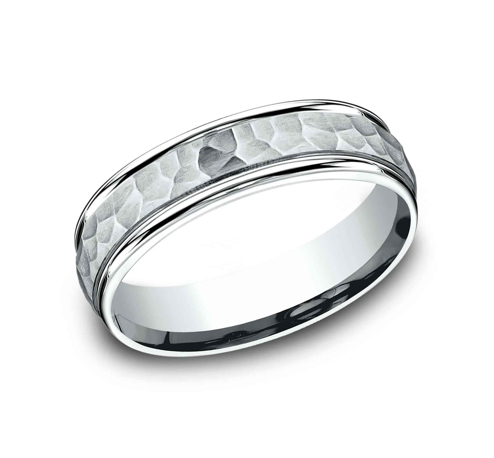 Benchmark Men's 6.0mm Wedding Band with Hammered Center Design in 14K White Gold front view