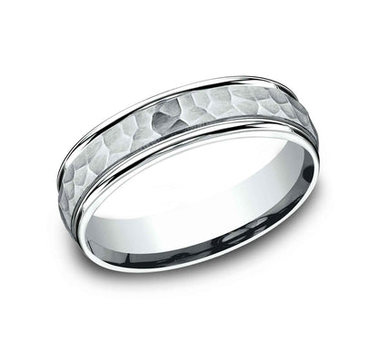 Benchmark Men's 6.0mm Wedding Band with Hammered Center Design in 14K White Gold front view